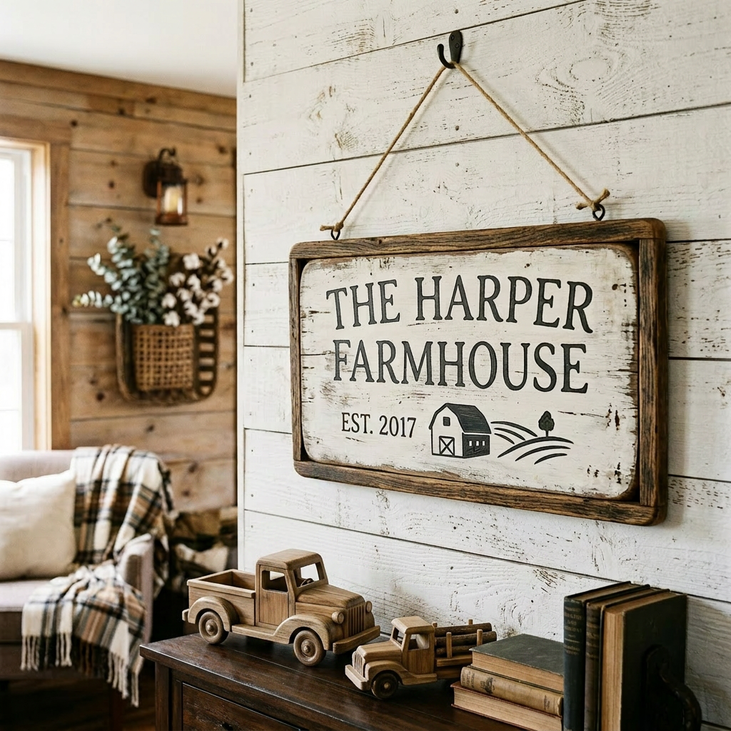 Wooden sign reading 'The Harper Farmhouse EST. 2017' hanging on white plank wall