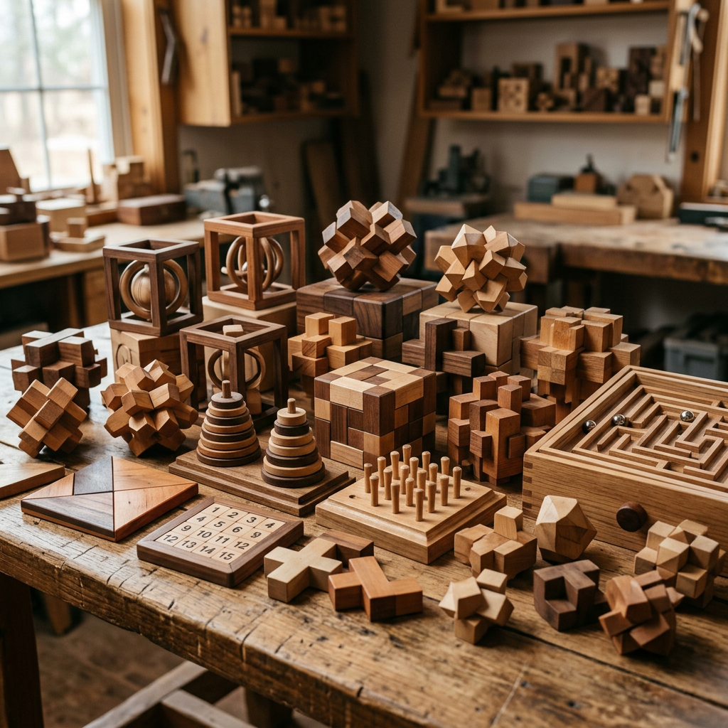 Various handcrafted wooden puzzles including interlocking cubes, 3D shapes, and a labyrinth game on a wooden table